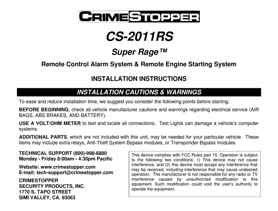 CRIMESTOPPER SUPER RAGE CS-2011RS INSTALLATION INSTRUCTIONS MANUAL Pdf