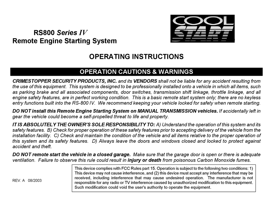 CRIMESTOPPER RS-800.IV REMOTE STARTER OPERATING INSTRUCTIONS | ManualsLib