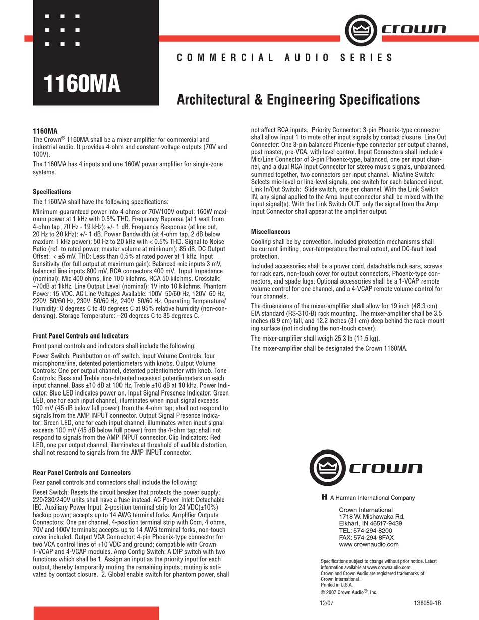 CROWN 1160MA AMPLIFIER ARCHITECTURAL & ENGINEERING SPECIFICATIONS