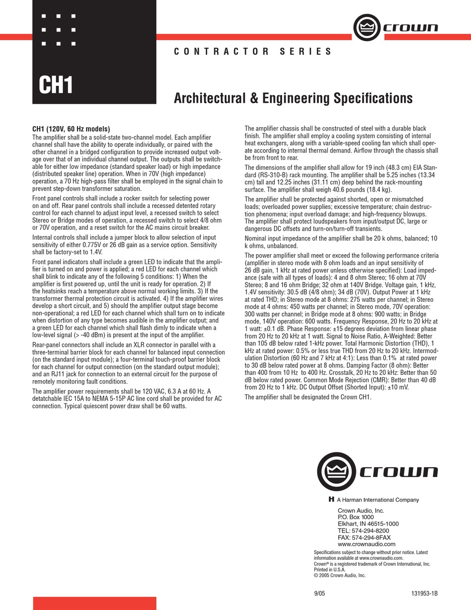 CROWN CH1 AMPLIFIER ARCHITECTURAL & ENGINEERING SPECIFICATIONS ManualsLib