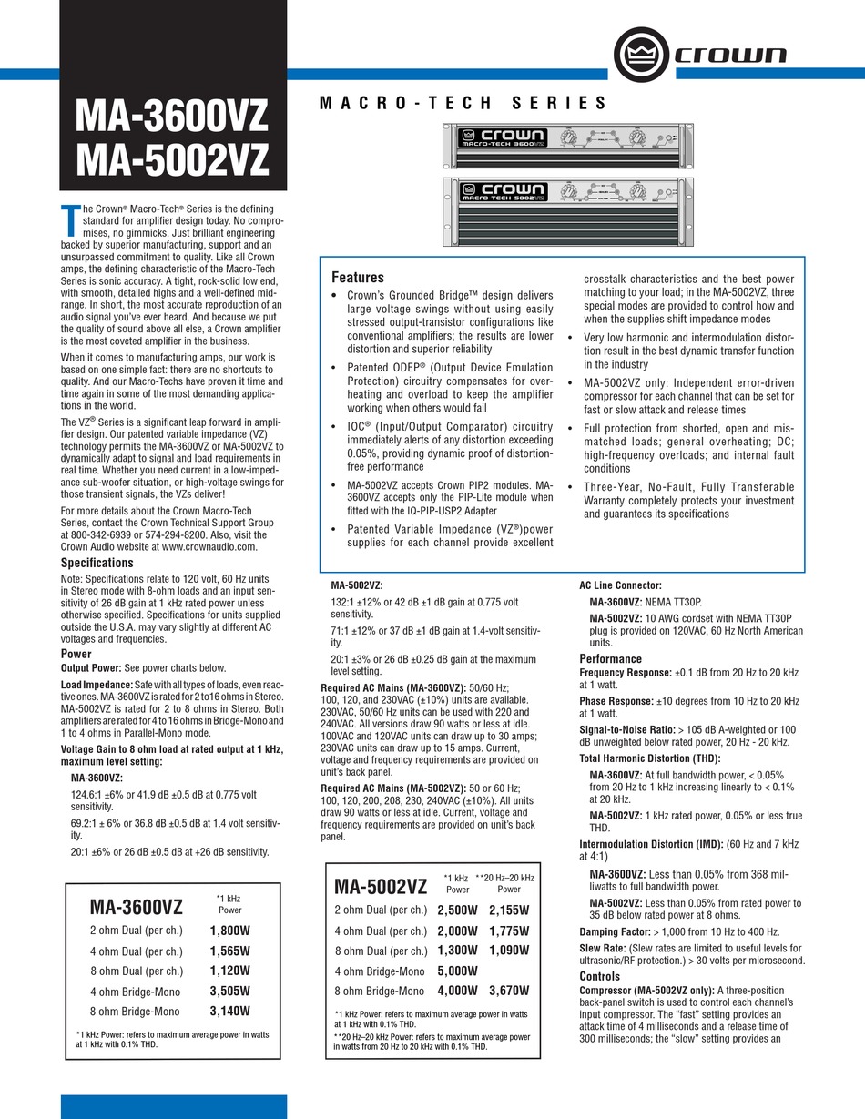 Crown Macro Tech Ma 5002vz Datasheet Pdf Download Manualslib