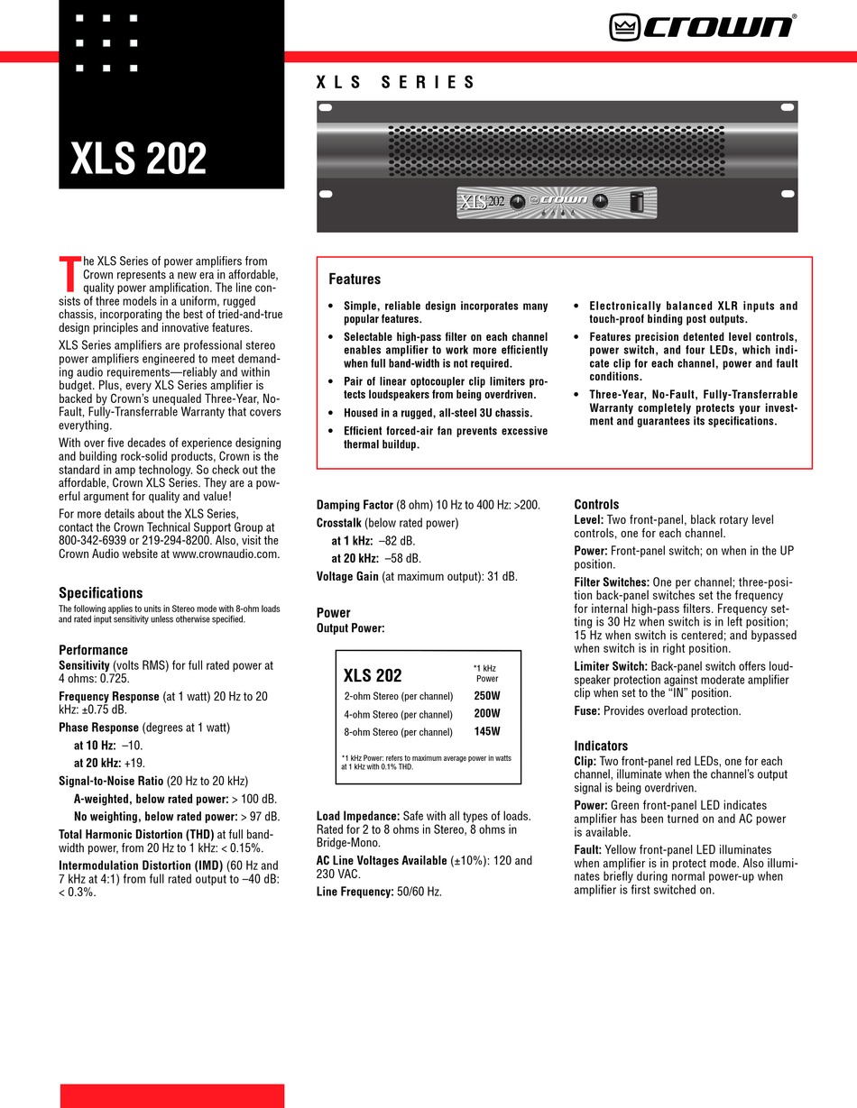 Crown Xls 202 Amplifier Specifications Manualslib