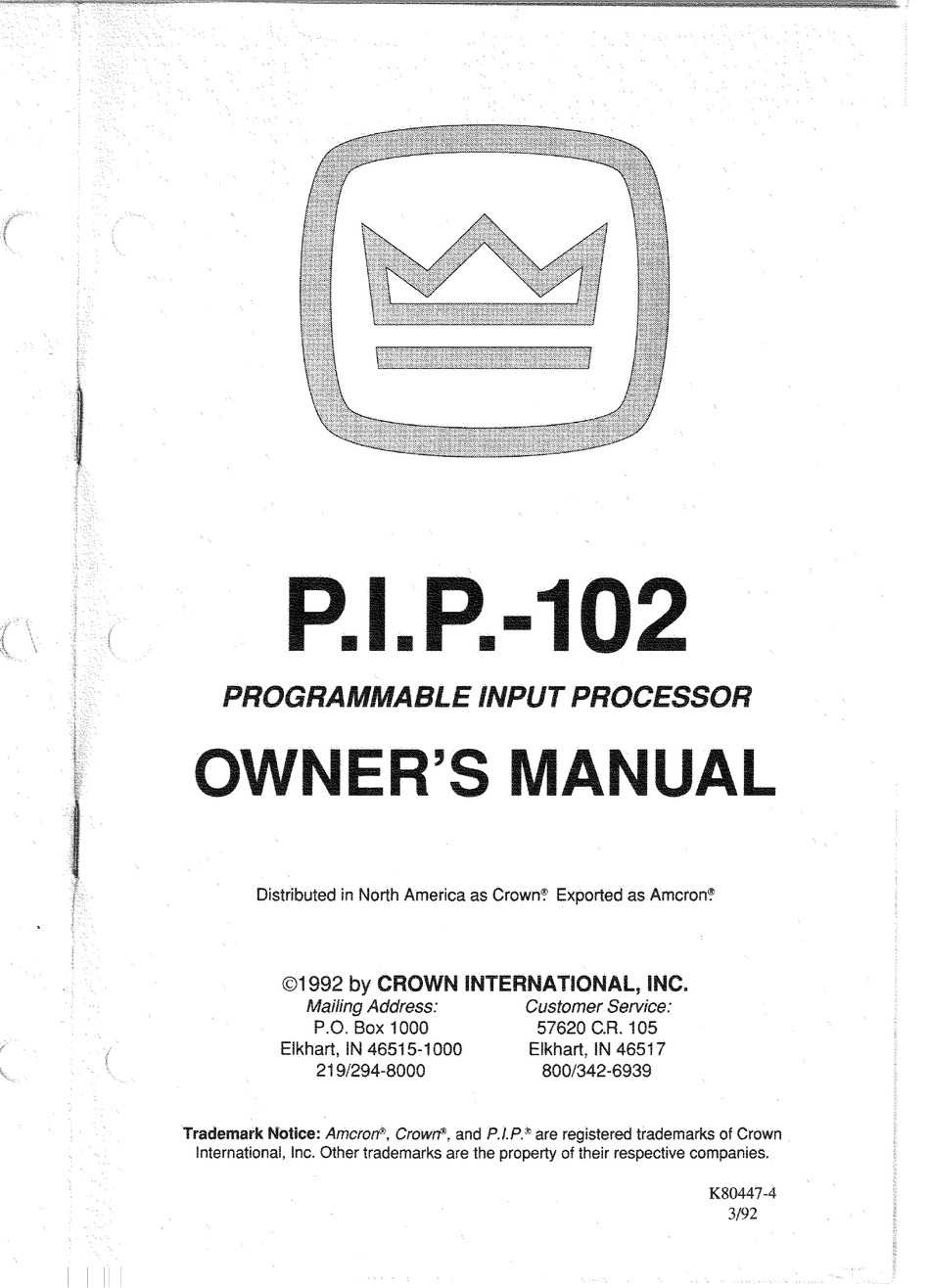 Crown P I P 102 Owner S Manual Pdf Download Manualslib