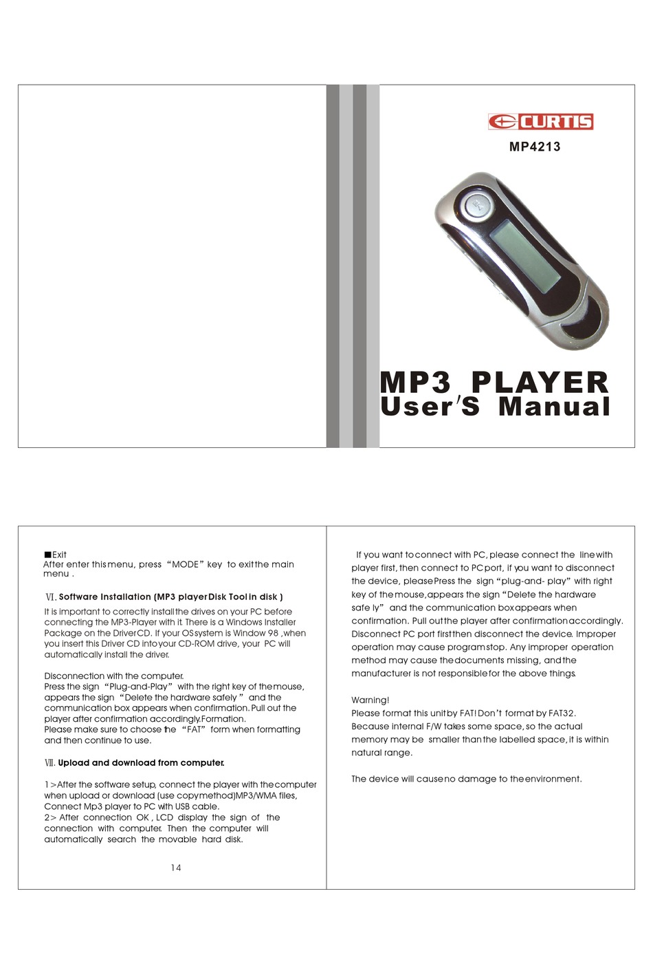 CURTIS MP4213 MP3 PLAYER USER MANUAL ManualsLib