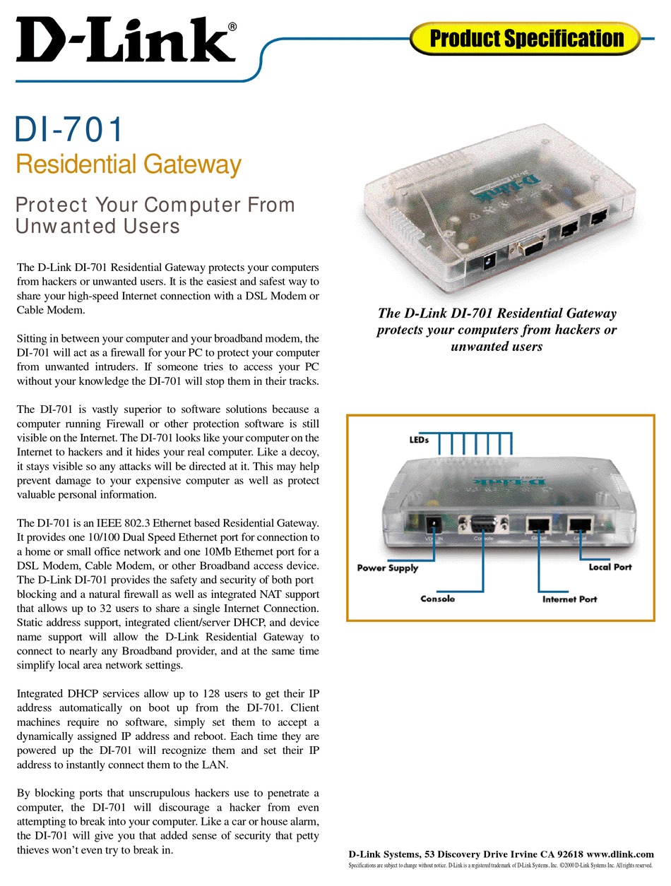 D-LINK DI-701 GATEWAY SPECIFICATIONS | ManualsLib