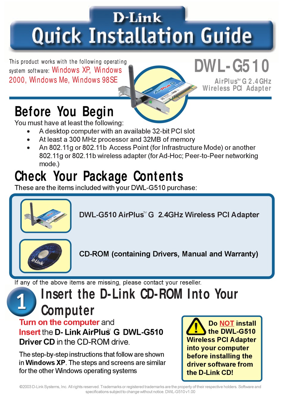 D-LINK DWL-G510 ADAPTER QUICK MANUAL ManualsLib