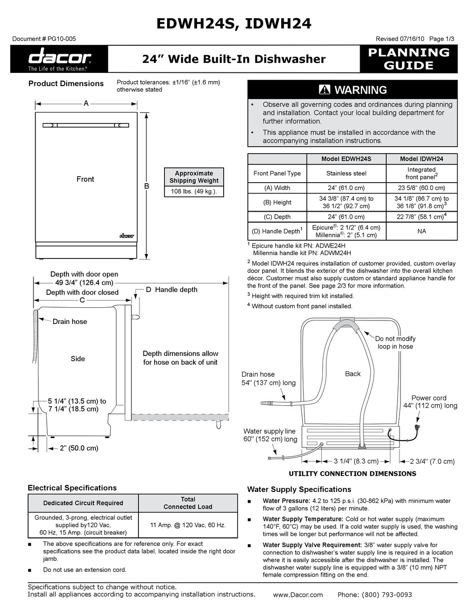 DACOR EDWH24S DISHWASHER PLANNING MANUAL ManualsLib