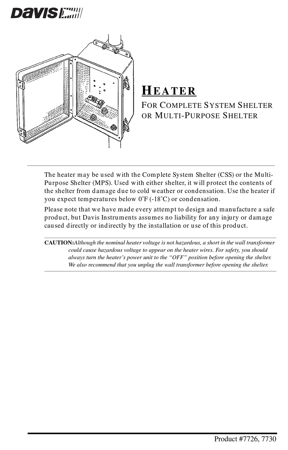 DAVIS INSTRUMENTS COMPLETE SYSTEM SHELTER HEATER INSTALL MANUAL