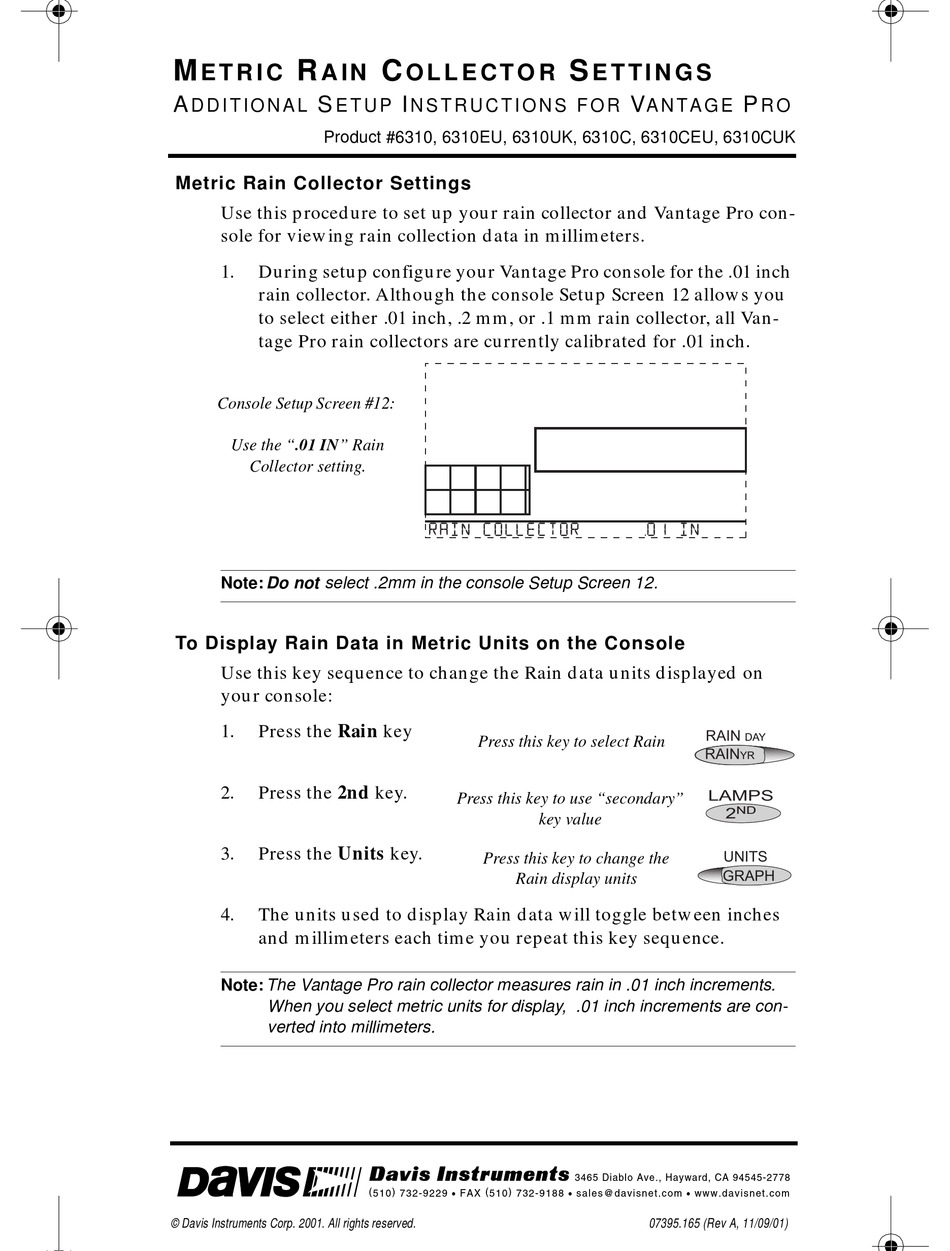 DAVIS INSTRUMENTS METRIC RAIN CALIBRATION INSERT SETUP INSTRUCTIONS Pdf