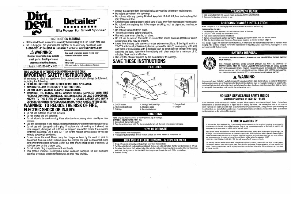 DIRT DEVIL DETAILER MCV2000 VACUUM 
