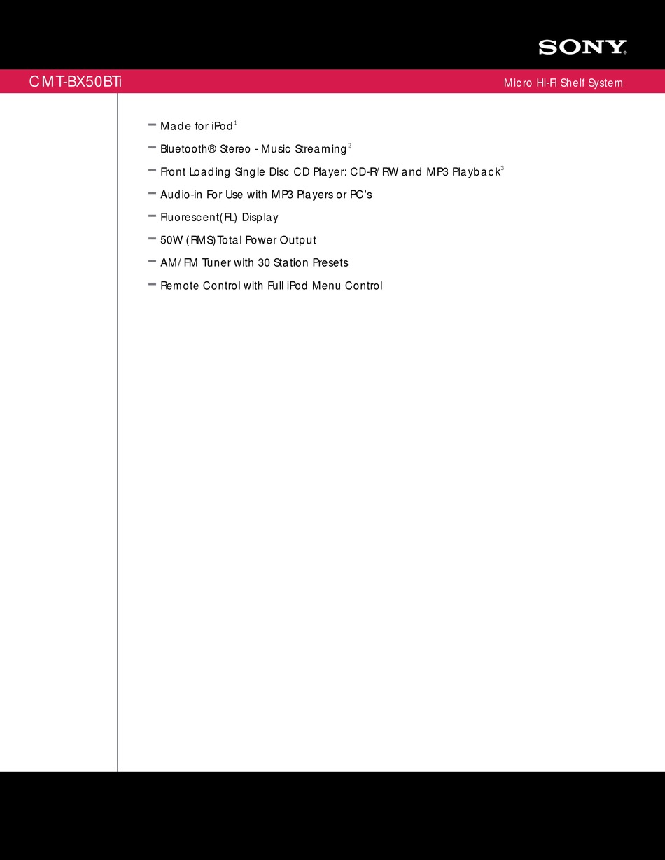 SONY CMTBX50BTI MARKETING STEREO SYSTEM SPECIFICATIONS ManualsLib