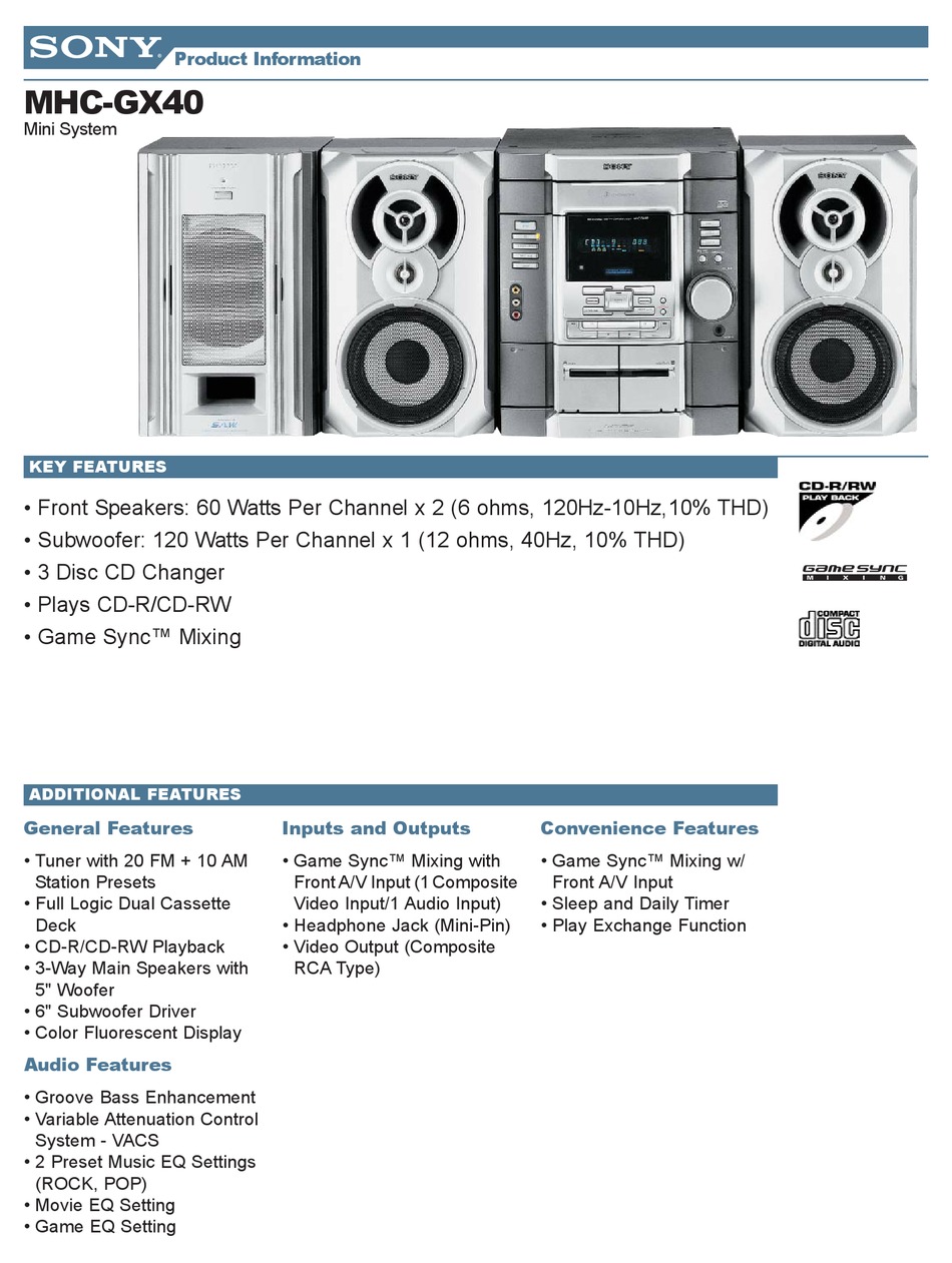SONY HCD-GX40 STEREO SYSTEM PRODUCT INFORMATION | ManualsLib