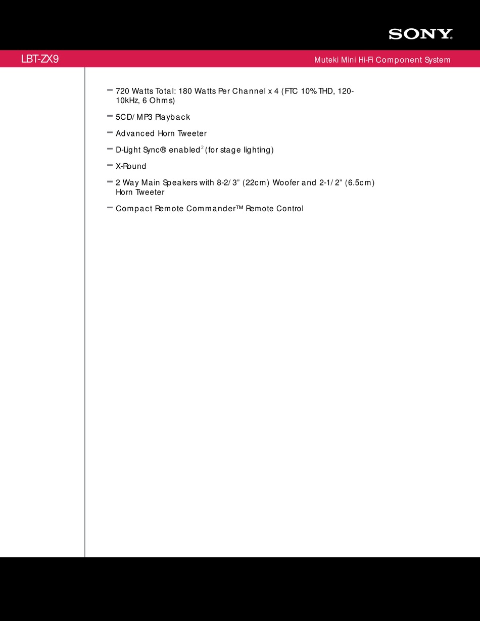 SONY LBTZX9 STEREO SYSTEM SPECIFICATION SHEET ManualsLib