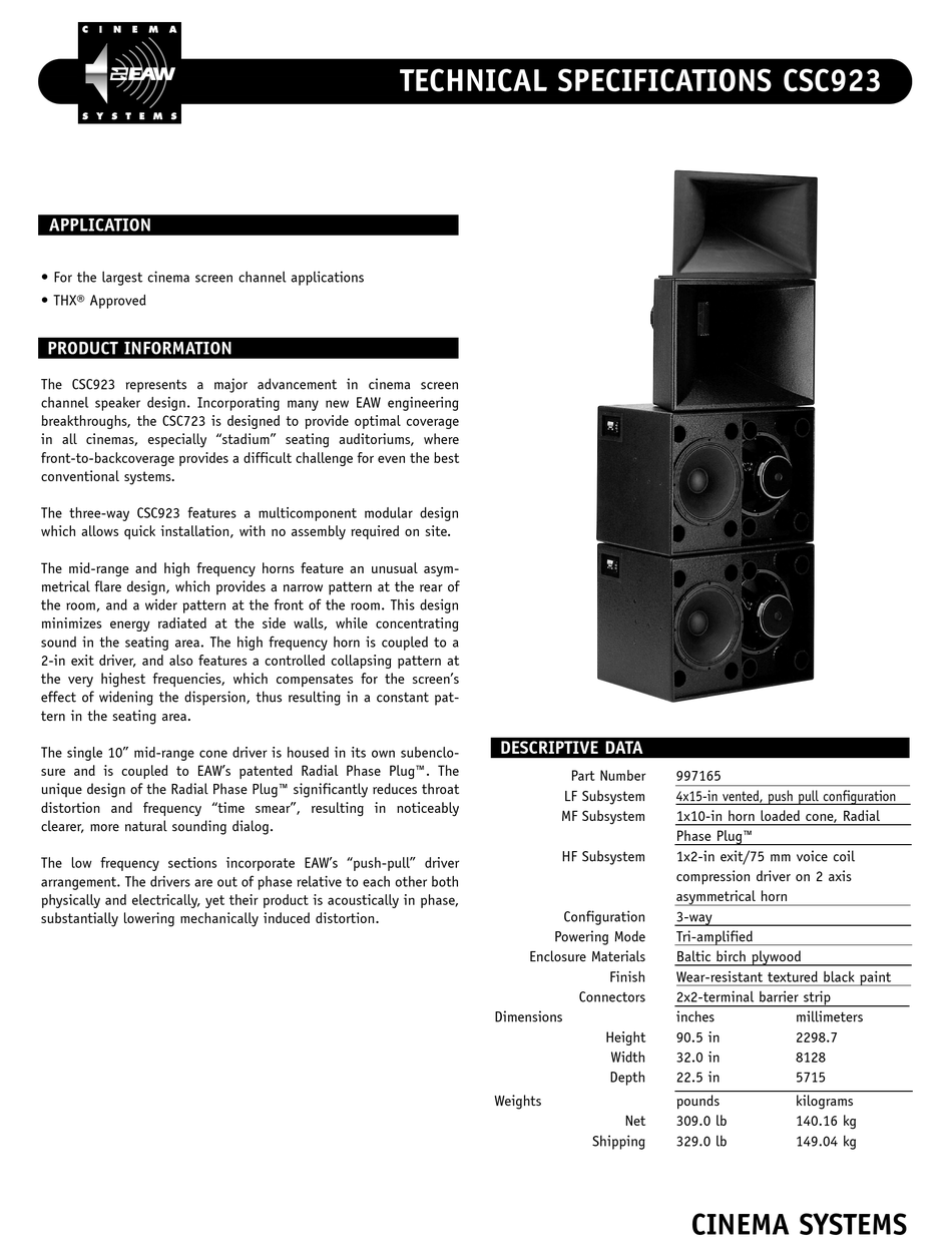 EAW CINEMA CSC923 SPEAKER SYSTEM TECHNICAL SPECIFICATIONS | ManualsLib