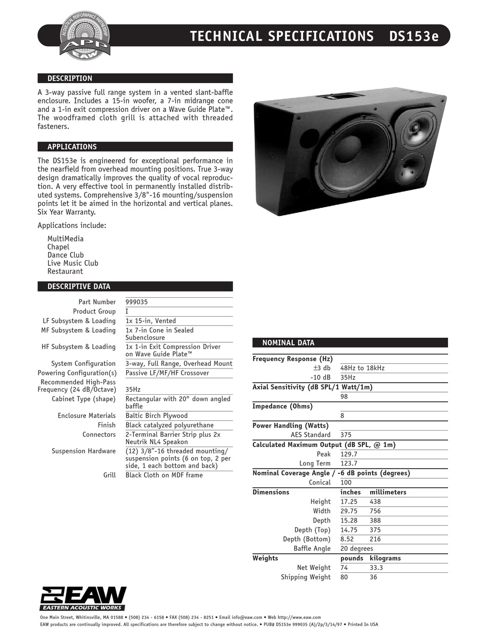 EAW DS153E SPEAKER SYSTEM TECHNICAL SPECIFICATIONS | ManualsLib