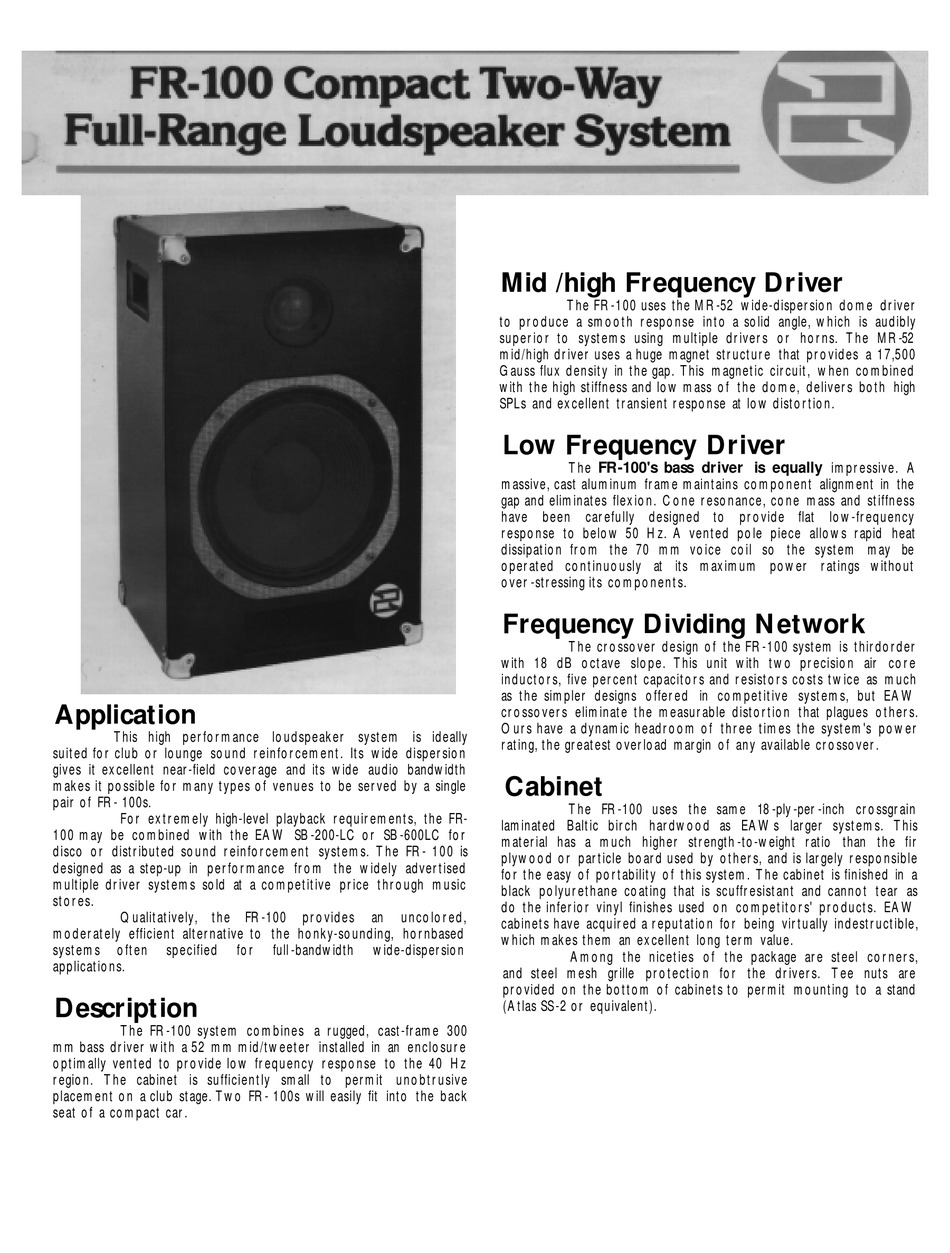 EAW FR100 SPEAKER SYSTEM SPECIFICATIONS ManualsLib
