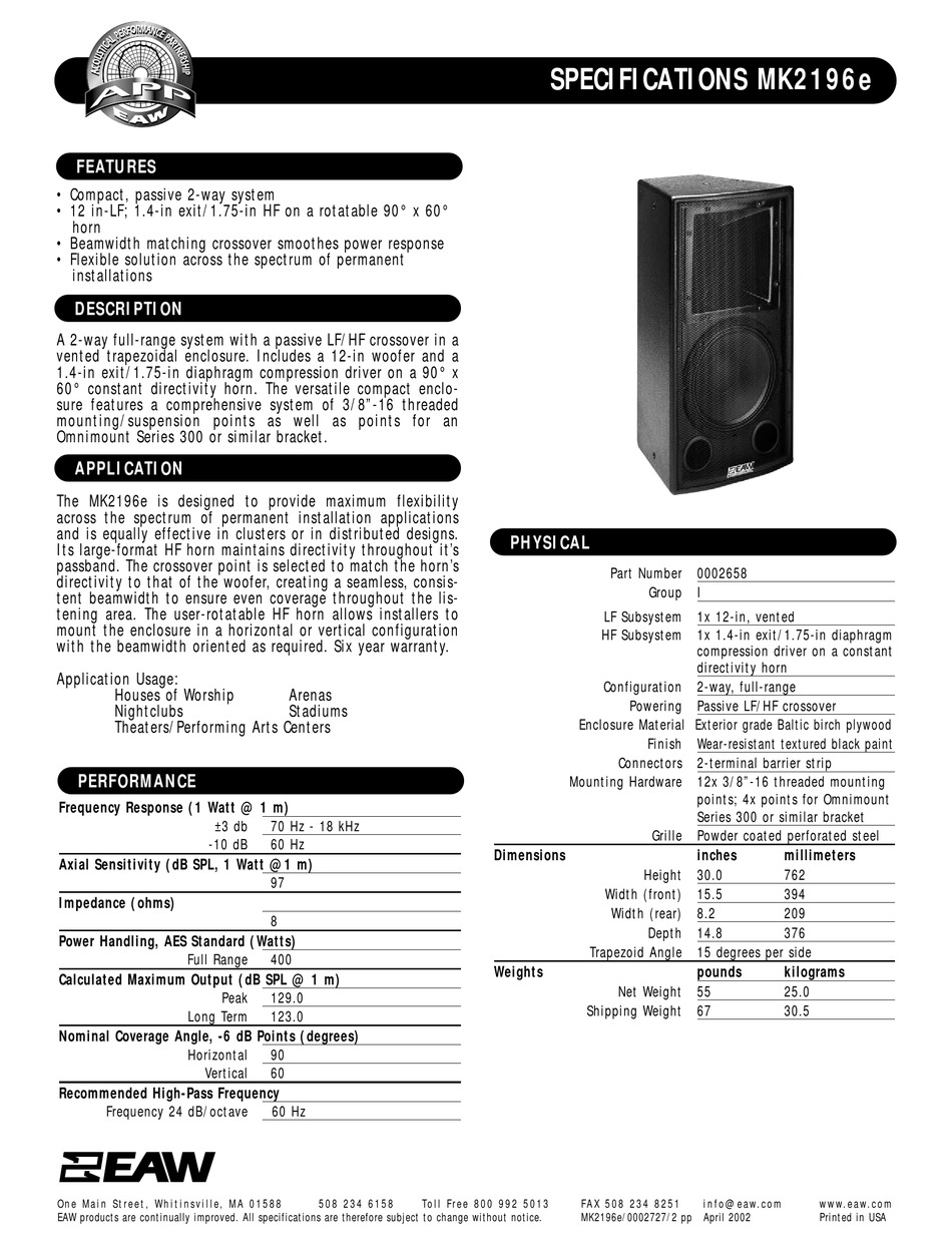 EAW MK2196E SPECIFICATIONS Pdf Download | ManualsLib