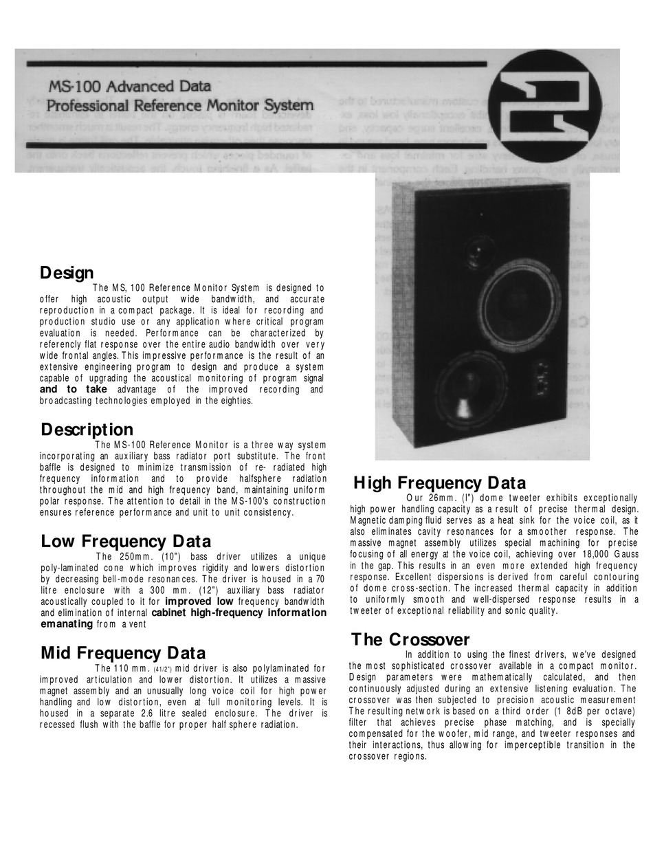 EAW MS100 SPEAKER SYSTEM SPECIFICATIONS ManualsLib