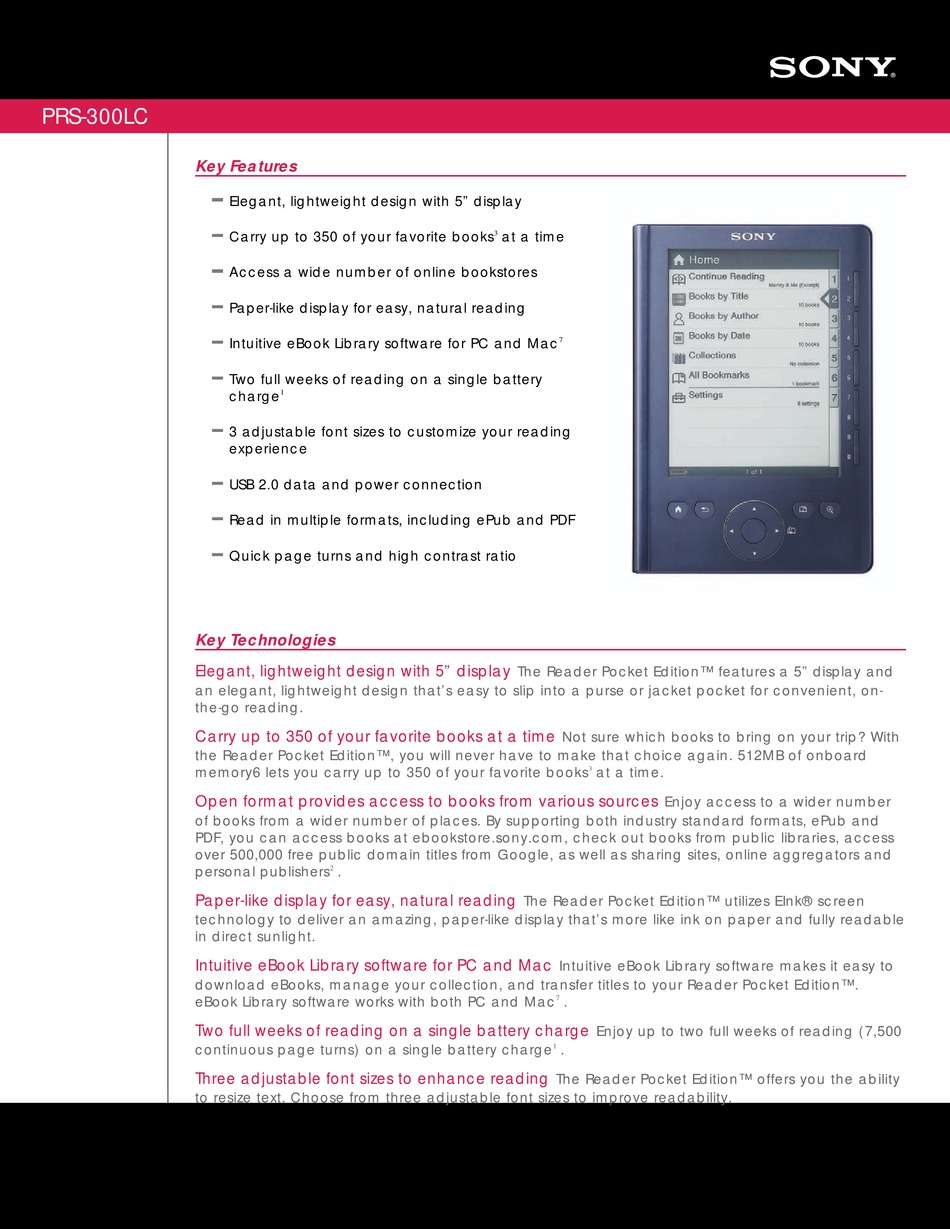 SONY PRS300LC EBOOK READER SPECIFICATIONS ManualsLib