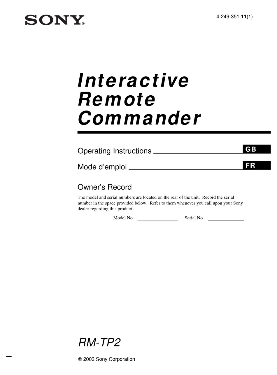 SONY RM-TP2 OPERATING INSTRUCTIONS MANUAL Pdf Download | ManualsLib