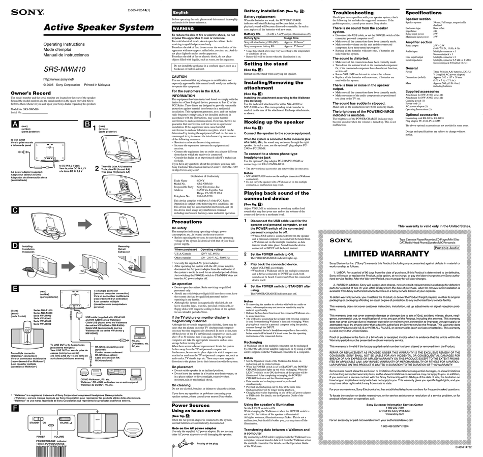 SONY SRS-NWM10 SPEAKER SYSTEM OPERATING INSTRUCTIONS | ManualsLib