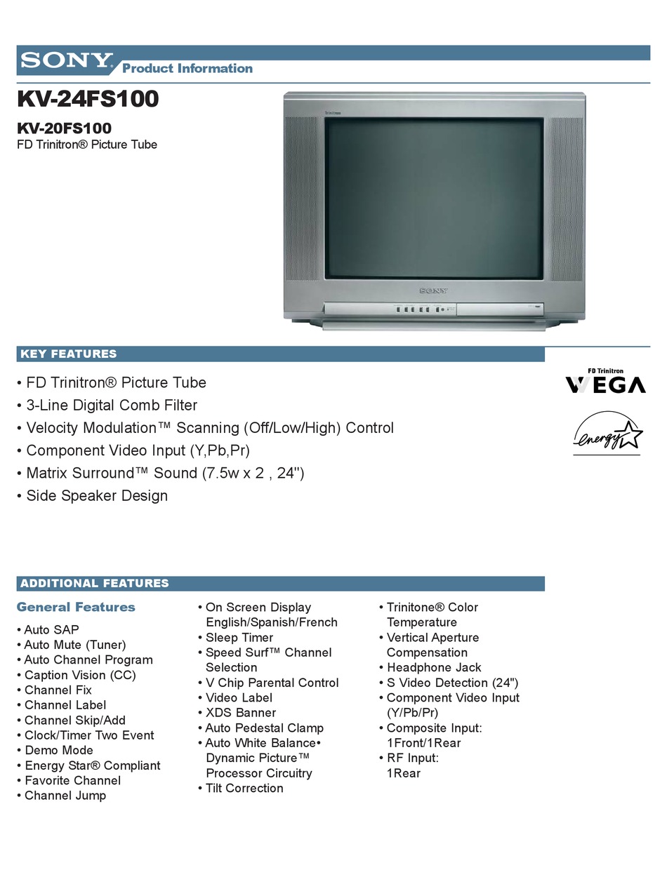 SONY FD TRINITRON WEGA KV-24FV300 TV SPECIFICATIONS