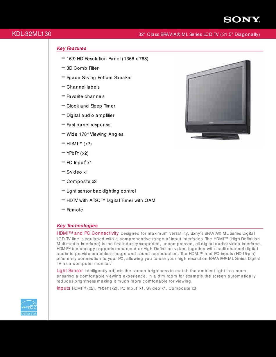 SONY KDL-32ML130 LCD TV SPECIFICATIONS | ManualsLib