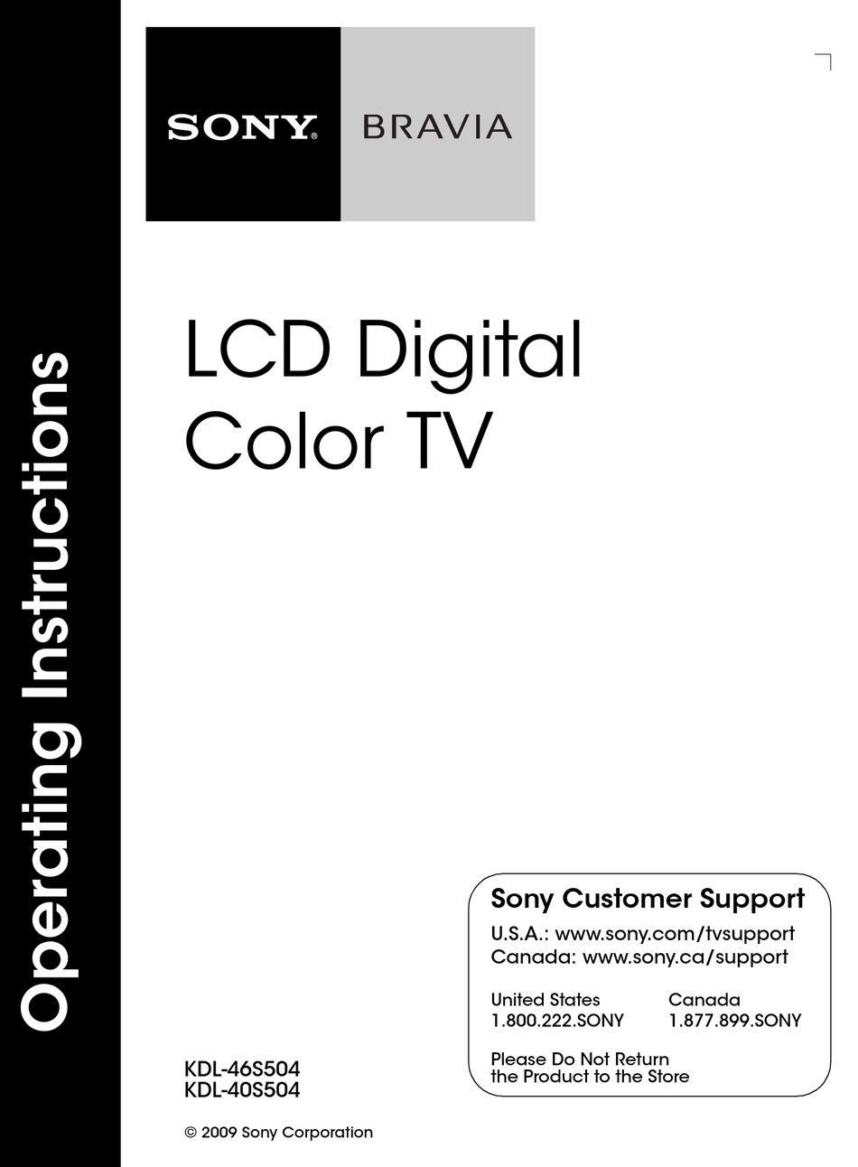 SONY BRAVIA KDL-40S504 LCD TV OPERATING INSTRUCTIONS MANUAL | ManualsLib