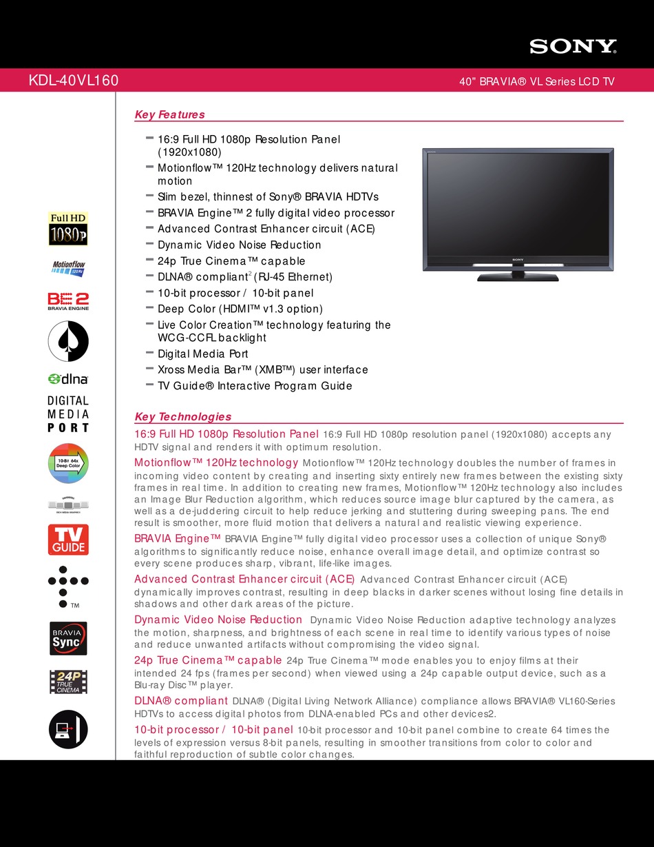 SONY KDL-40VL160 MARKETING LCD TV SPECIFICATIONS | ManualsLib