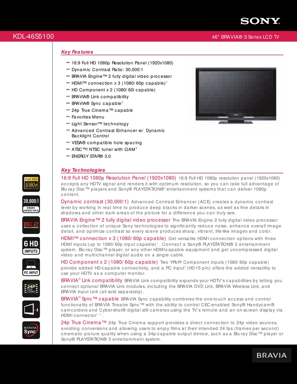 SONY BRAVIA KDL-46S5100 LCD TV SPECIFICATIONS | ManualsLib