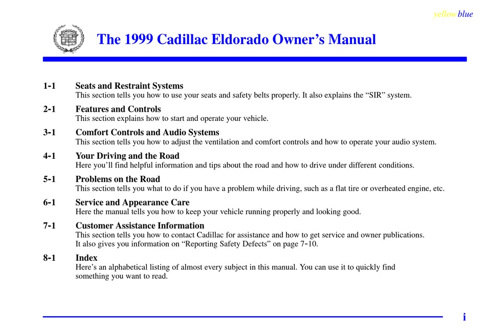 Cadillac 1999 Eldorado Owner S Manual Pdf Download Manualslib