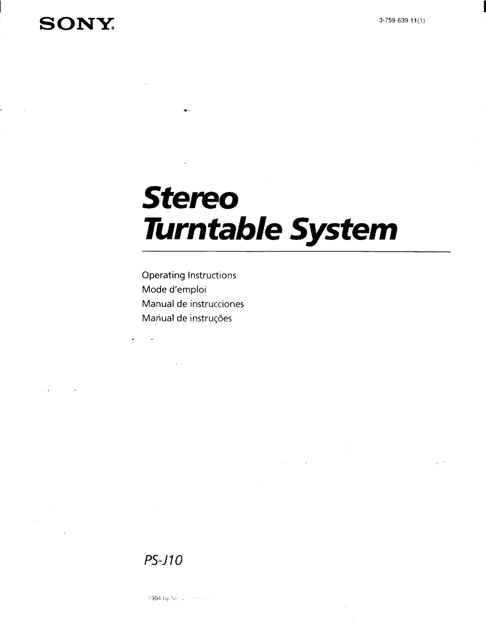 SONY PSJ10 PRIMARY TURNTABLE OPERATING INSTRUCTIONS MANUAL ManualsLib