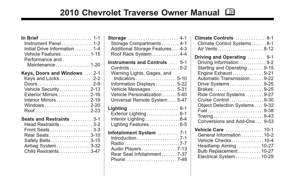 CHEVROLET 2010 TRAVERSE OWNER'S MANUAL Pdf Download ManualsLib