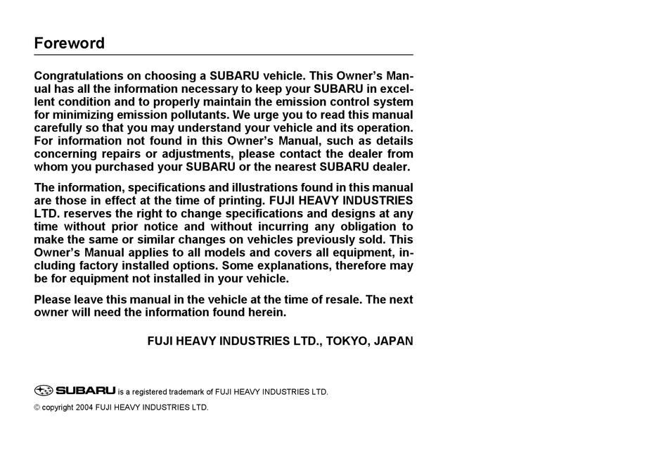 SUBARU 2005 LEGACY AUTOMOBILE OWNER'S MANUAL ManualsLib