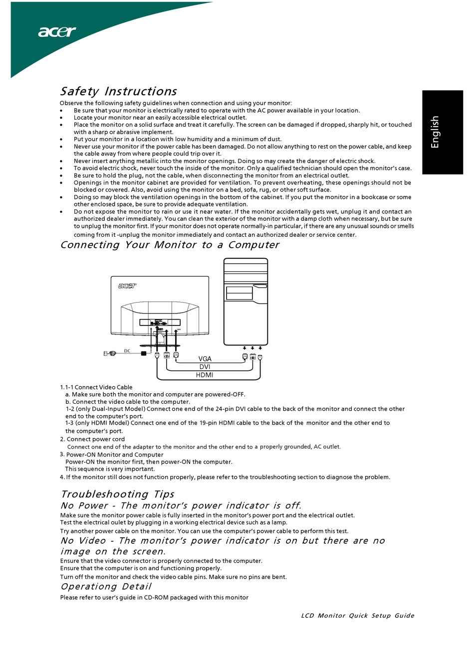 ACER S232HL QUICK SETUP MANUAL Pdf Download | ManualsLib