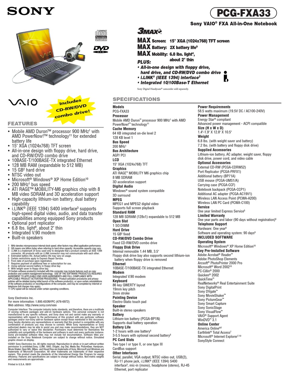 SONY VAIO PCGFXA33 LAPTOP SPECIFICATIONS ManualsLib