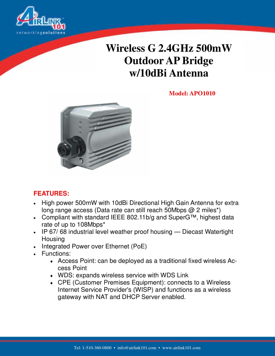 AIRLINK101 APO1010 WIRELESS ACCESS POINT SPECIFICATIONS ManualsLib
