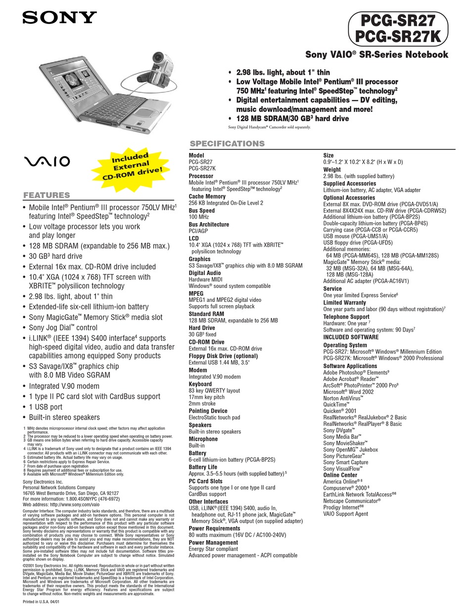 SONY PCGSR27 MARKETING LAPTOP SPECIFICATIONS ManualsLib