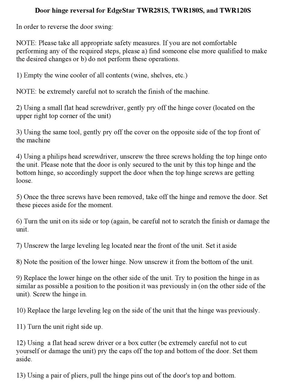 EDGESTAR TWR120S REFRIGERATOR MANUAL ManualsLib