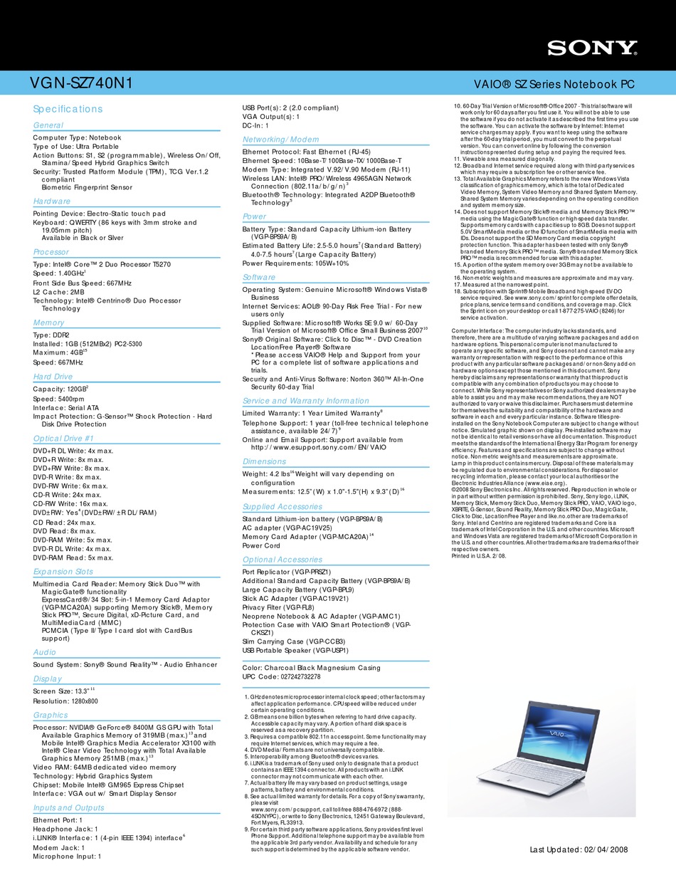 Sony Vgn Sz740 Specifications Pdf Download Manualslib