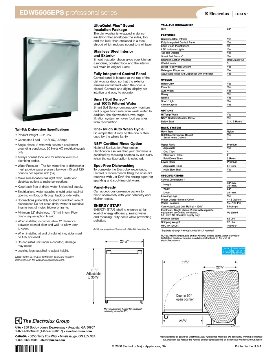 ELECTROLUX EDW5505EPS DISHWASHER SPECIFICATIONS ManualsLib