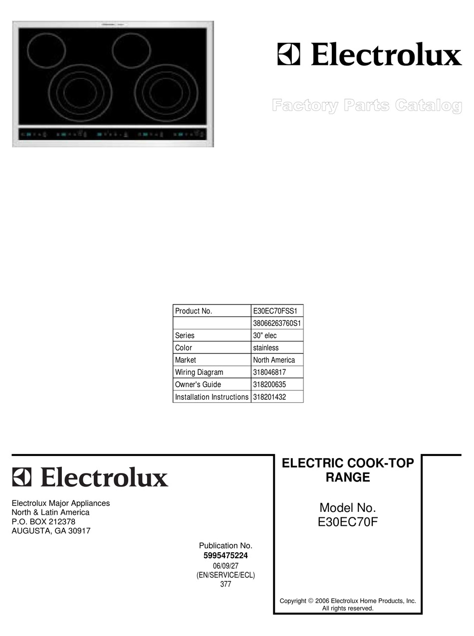 ELECTROLUX ICON DESIGNER E30EC70FSS COOKTOP FACTORY PARTS CATALOG
