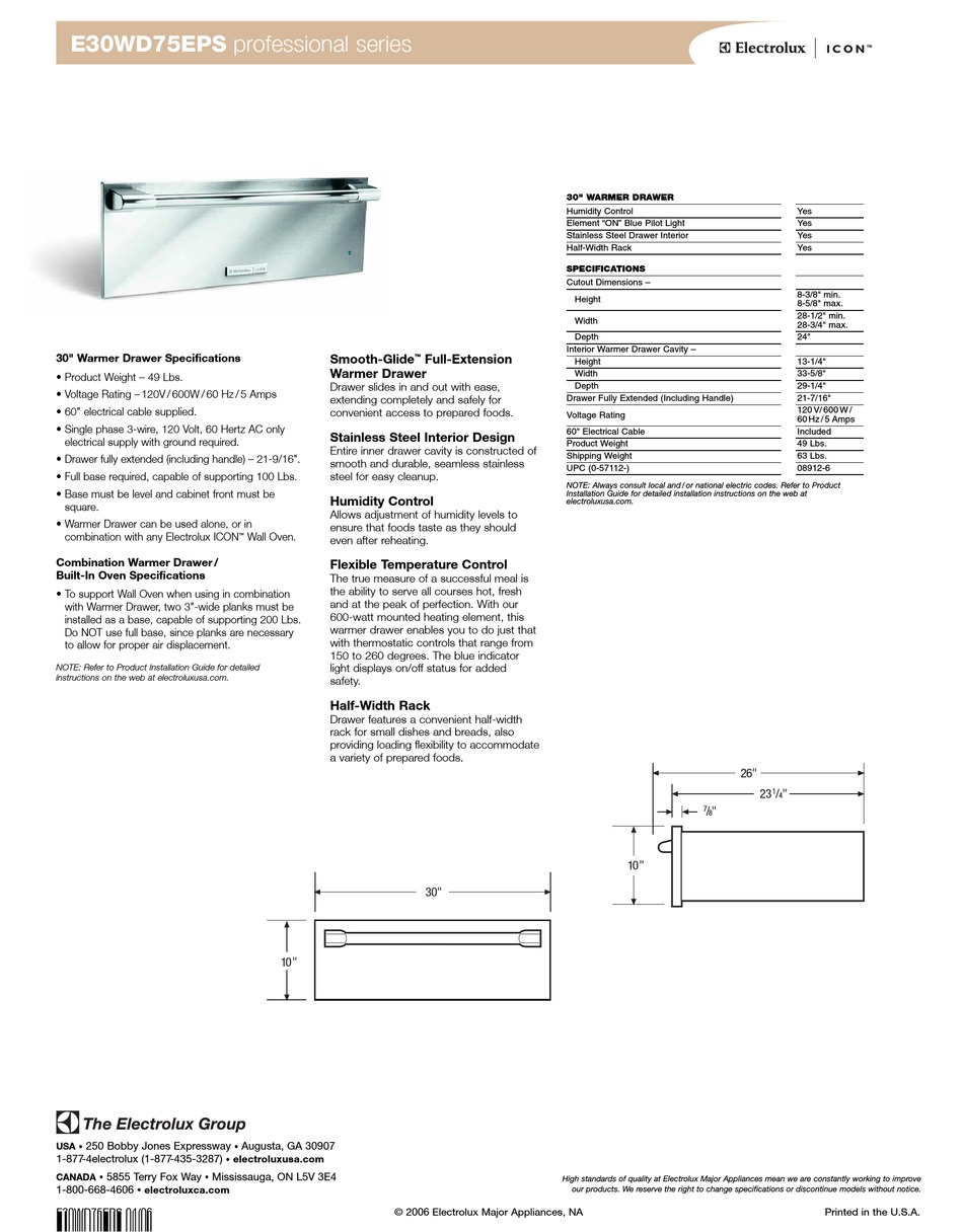 ELECTROLUX E30WD75EPS WARMING DRAWER SPECIFICATIONS ManualsLib