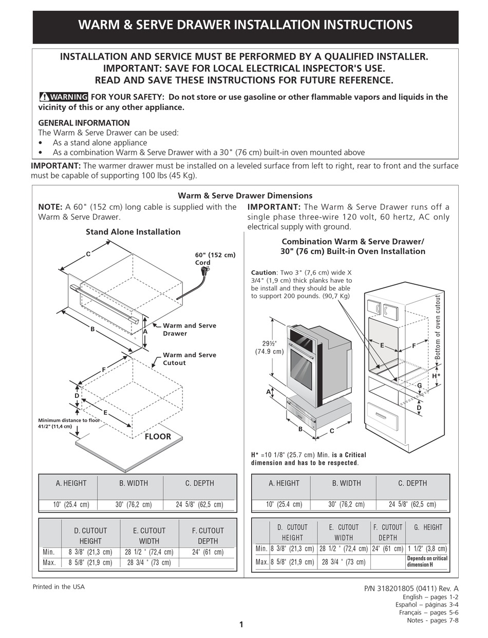 ELECTROLUX E30WD75EPS WARMING DRAWER INSTALLATION INSTRUCTIONS ManualsLib