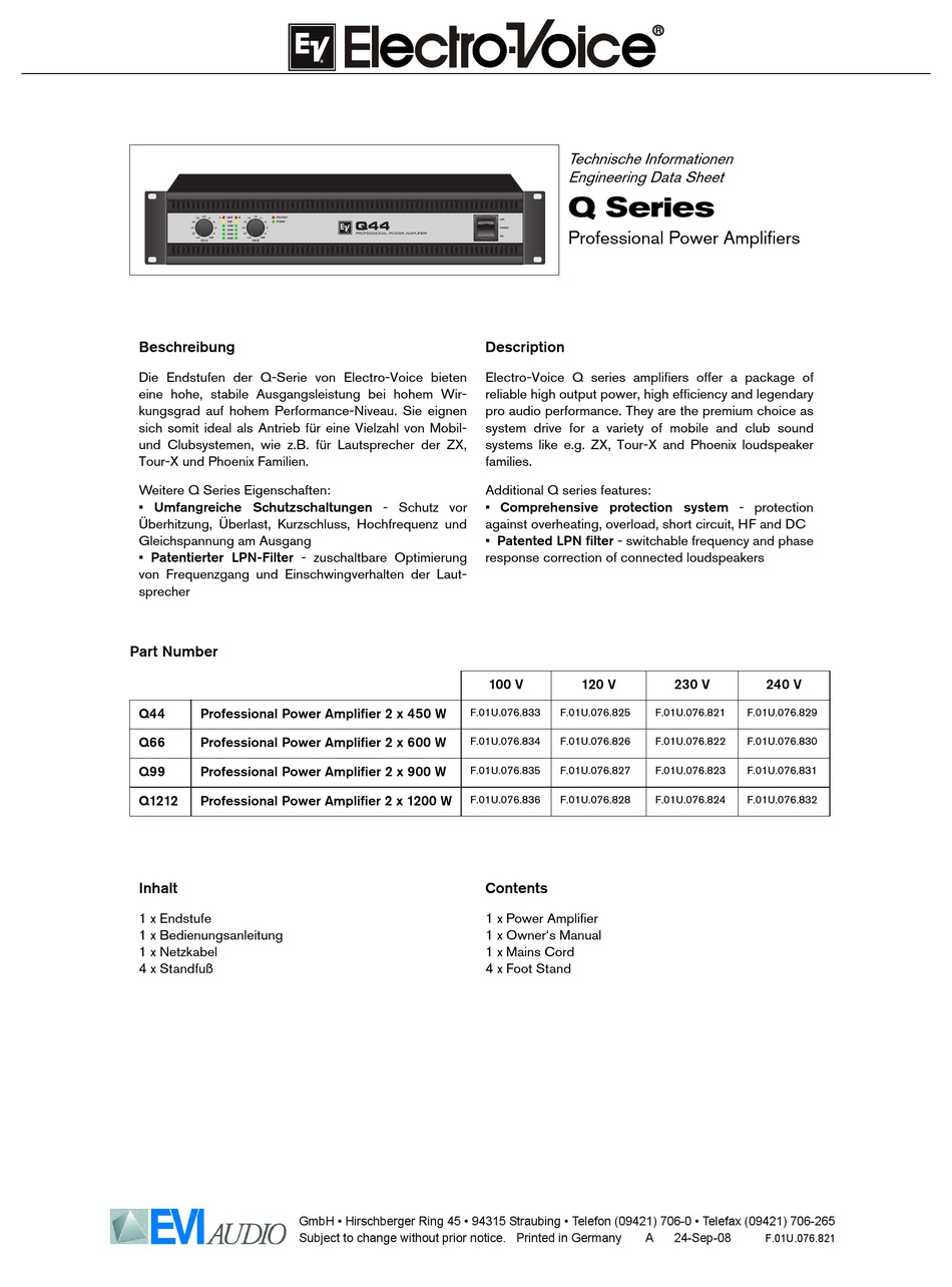 ELECTROVOICE Q1212 AMPLIFIER ENGINEERING DATA SHEET ManualsLib