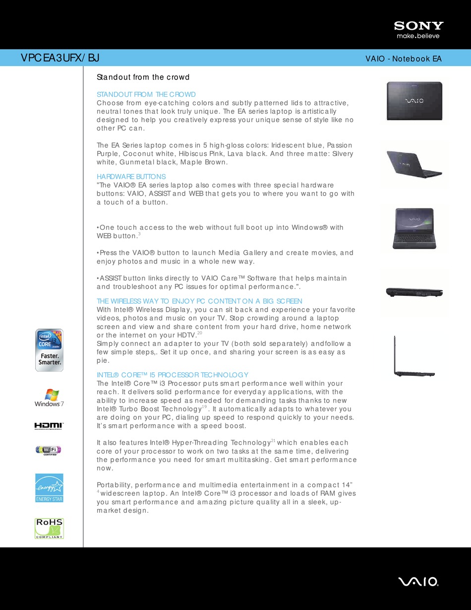Sony Vpcea3ufx Specifications Pdf Download Manualslib