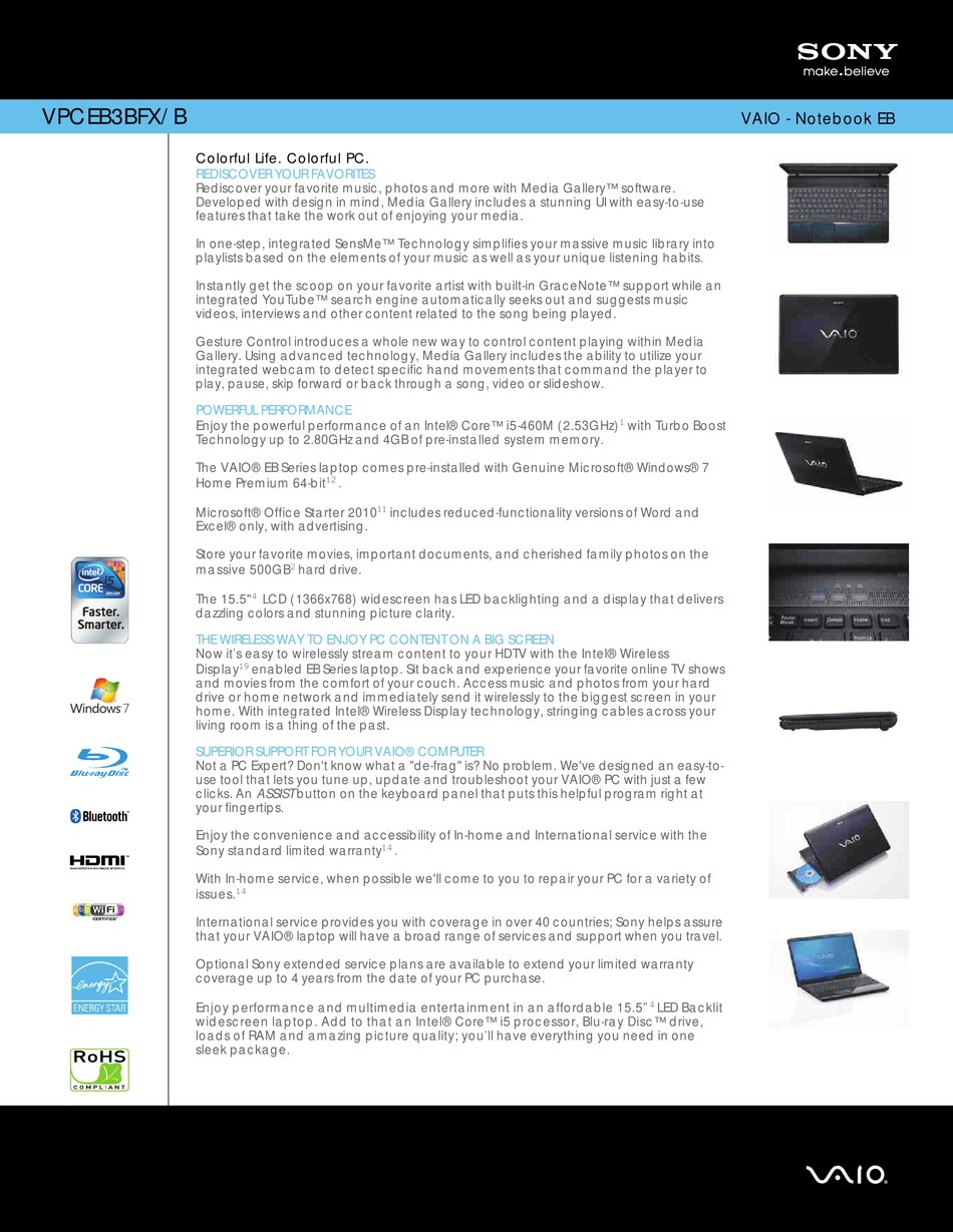 SONY VAIO VPCEB3BFX/B LAPTOP SPECIFICATIONS | ManualsLib