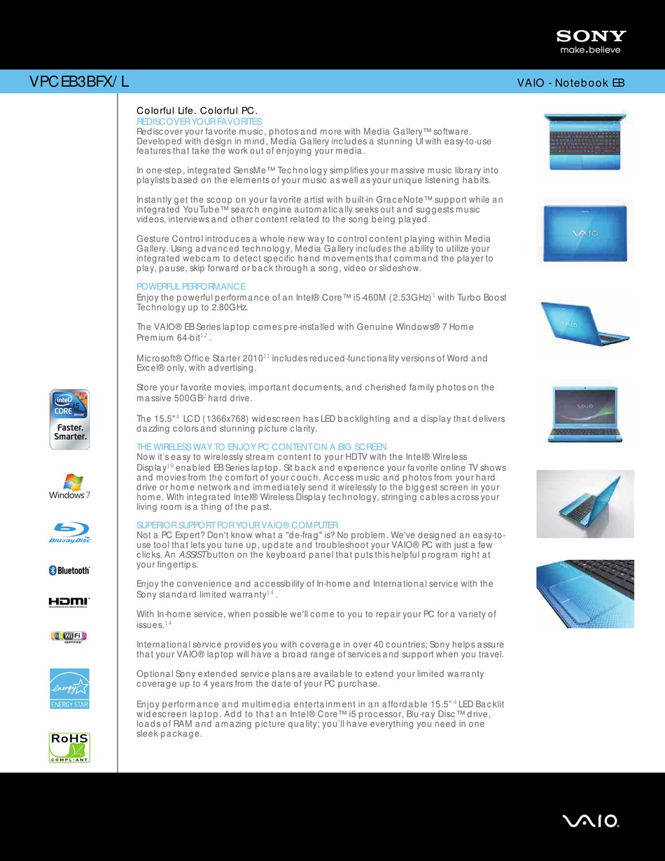 SONY VAIO VPCEB3BFX/L LAPTOP SPECIFICATIONS | ManualsLib