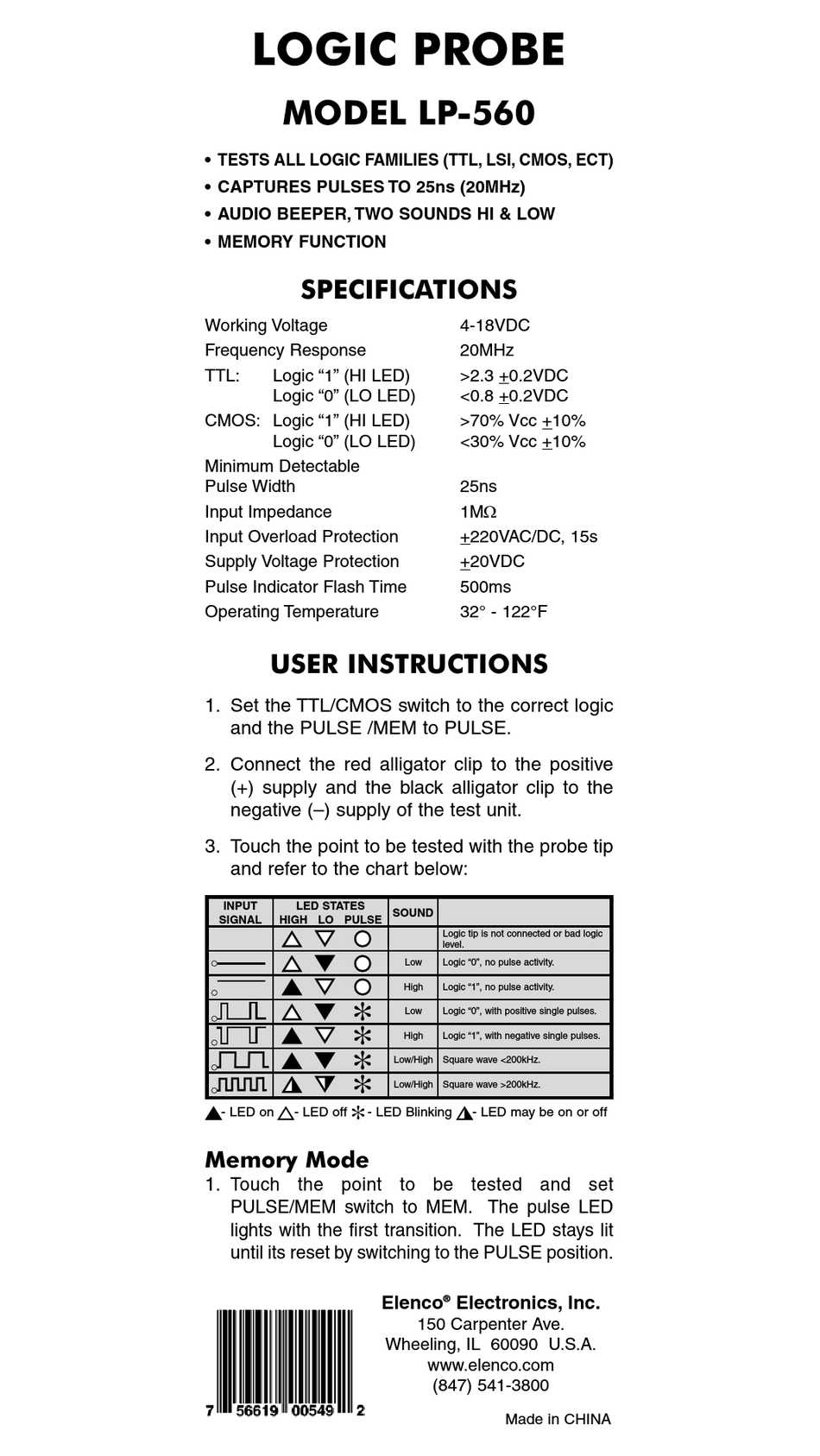 ELENCO ELECTRONICS LP560 SPECIFICATIONS Pdf Download ManualsLib
