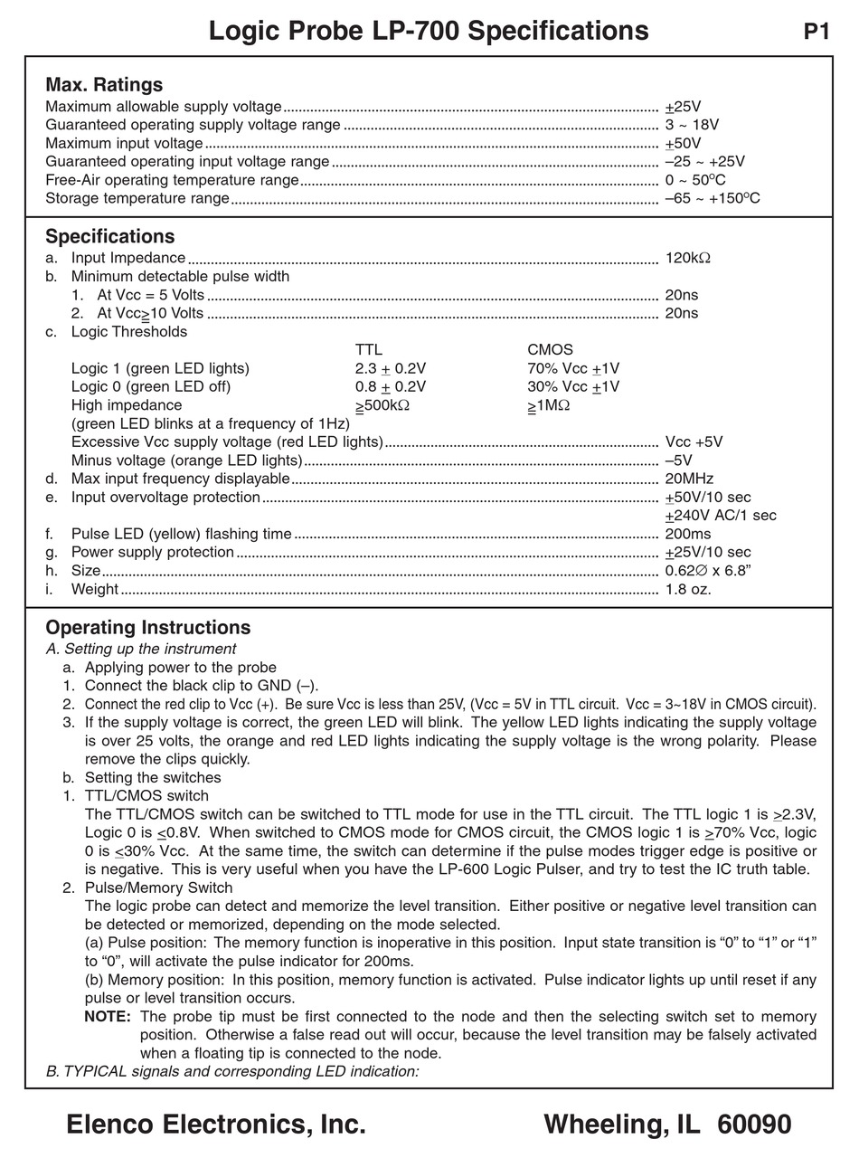 ELENCO ELECTRONICS LP700 SPECIFICATIONS Pdf Download ManualsLib